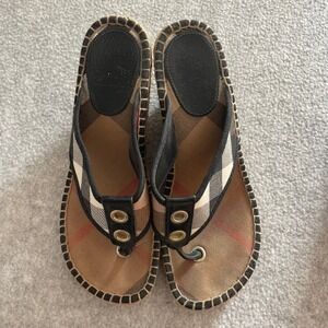 Burberry House Check Espadrille Wedge Sandals Black Tan Jute Made in Spain 37